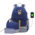 mochila de lona de algodón vintage azul del ombligo escolar